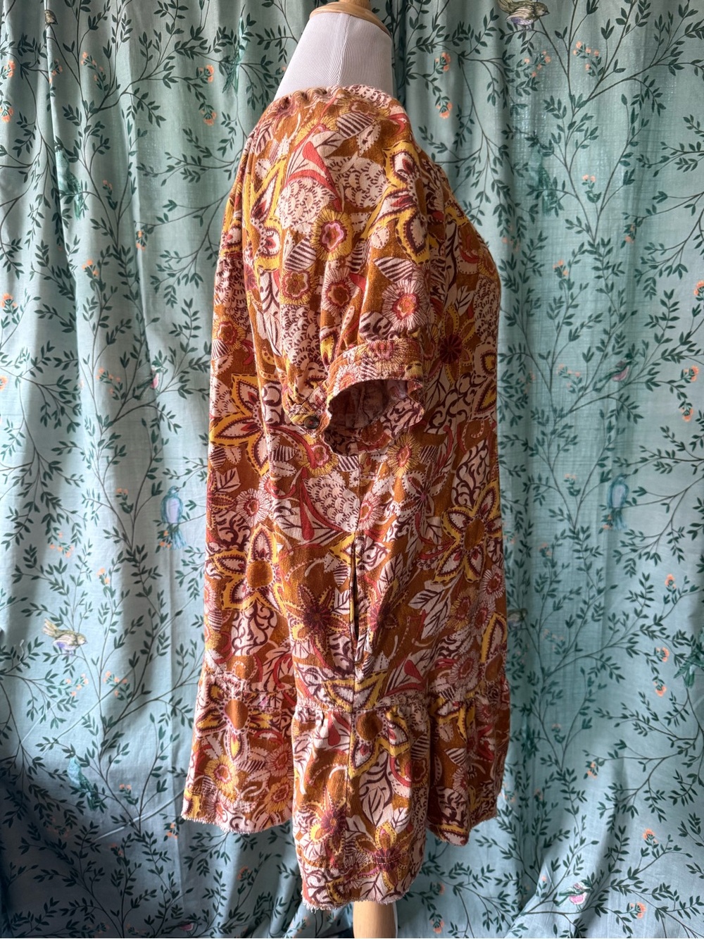 Anthropologie Floral Tiered V-Neck Mini Dress in Rust and Yellow - Picture 4 of 9